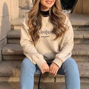 Gildan Women’s trending yvesaint laurent print beige  Crewneck Sweater medium